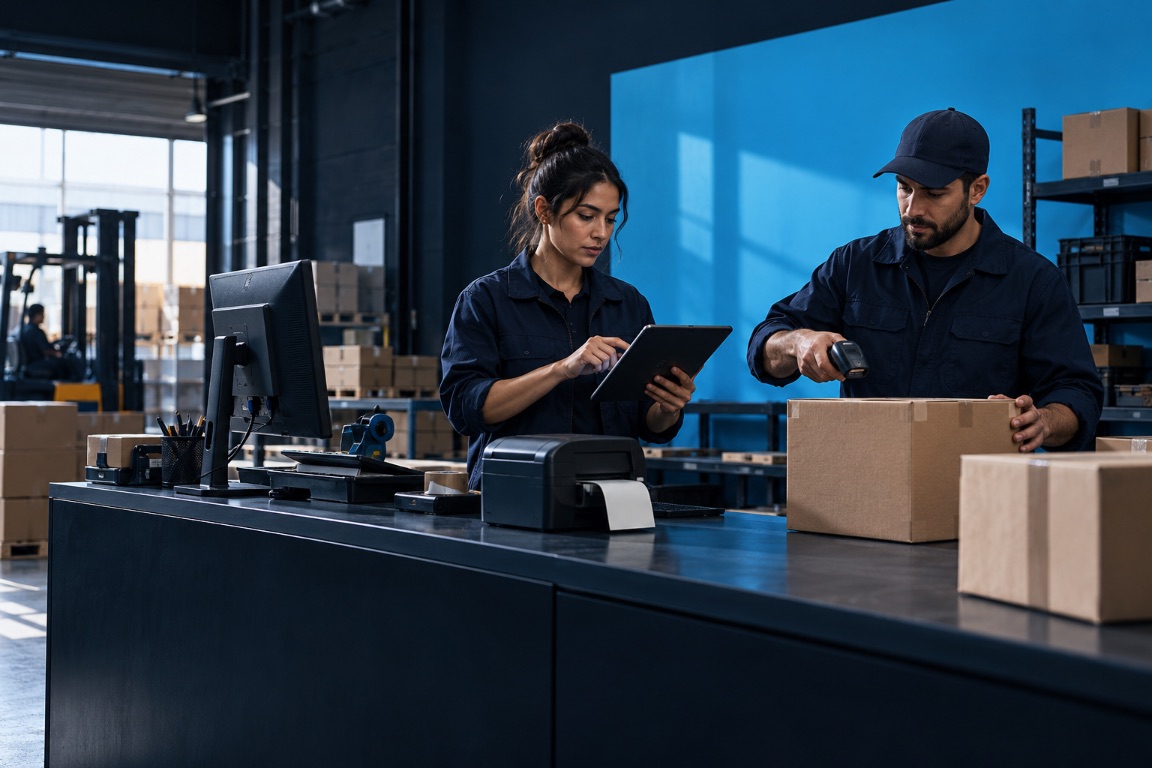 Two warehouse workers using a tablet and barcode scanner together beside a blue wall