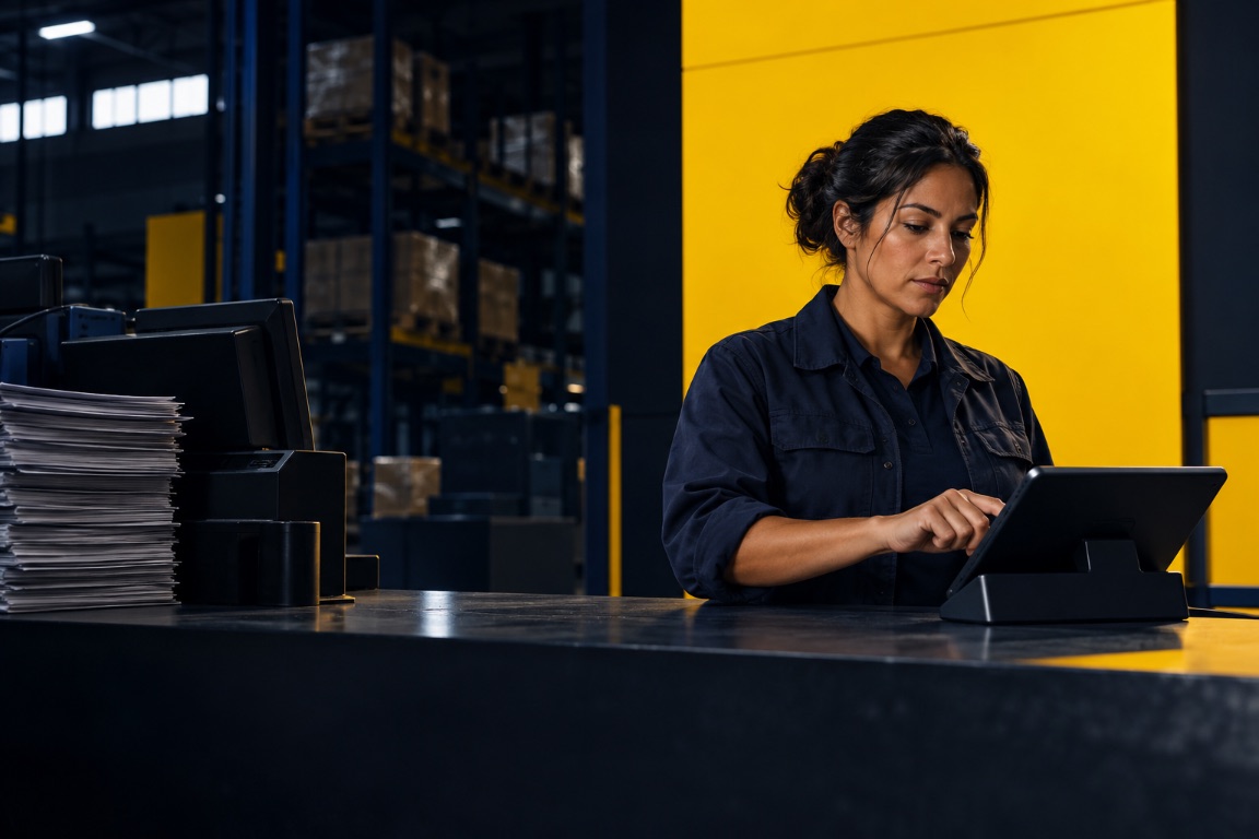 A warehouse worker using a tablet at a workbench in front of a yellow wall